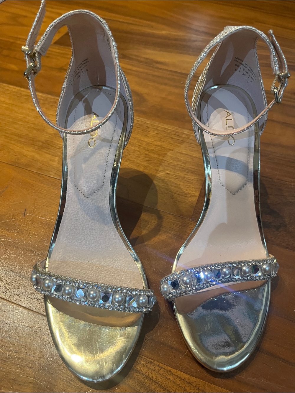 Aldo Metallic Gold Pearl & Crystal Ankle-Strap Heels (size 5)
